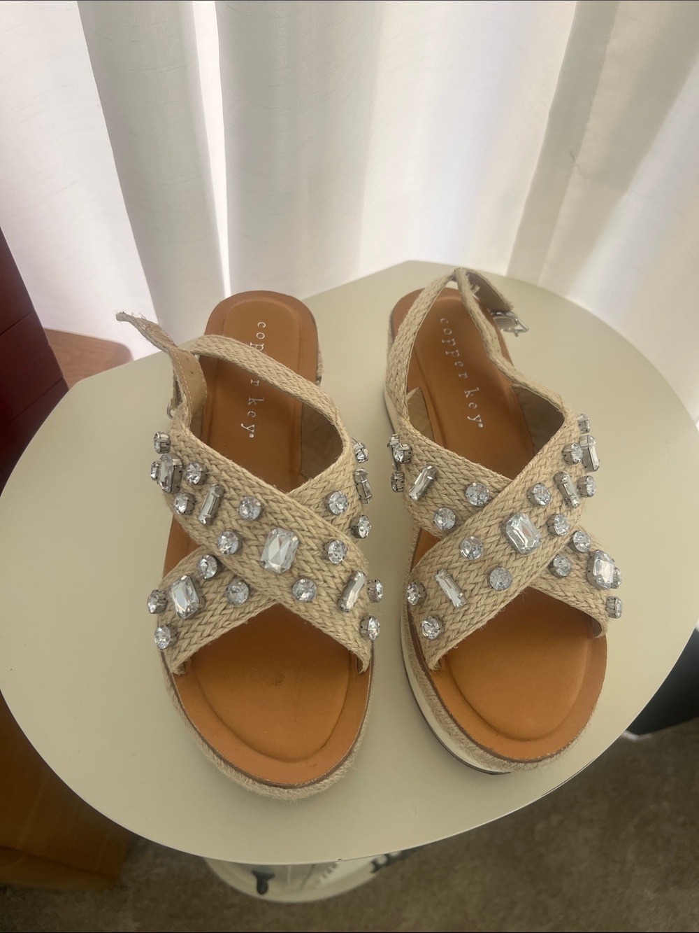 Copper Key Beige Jeweled Slingback Espadrille Sandals